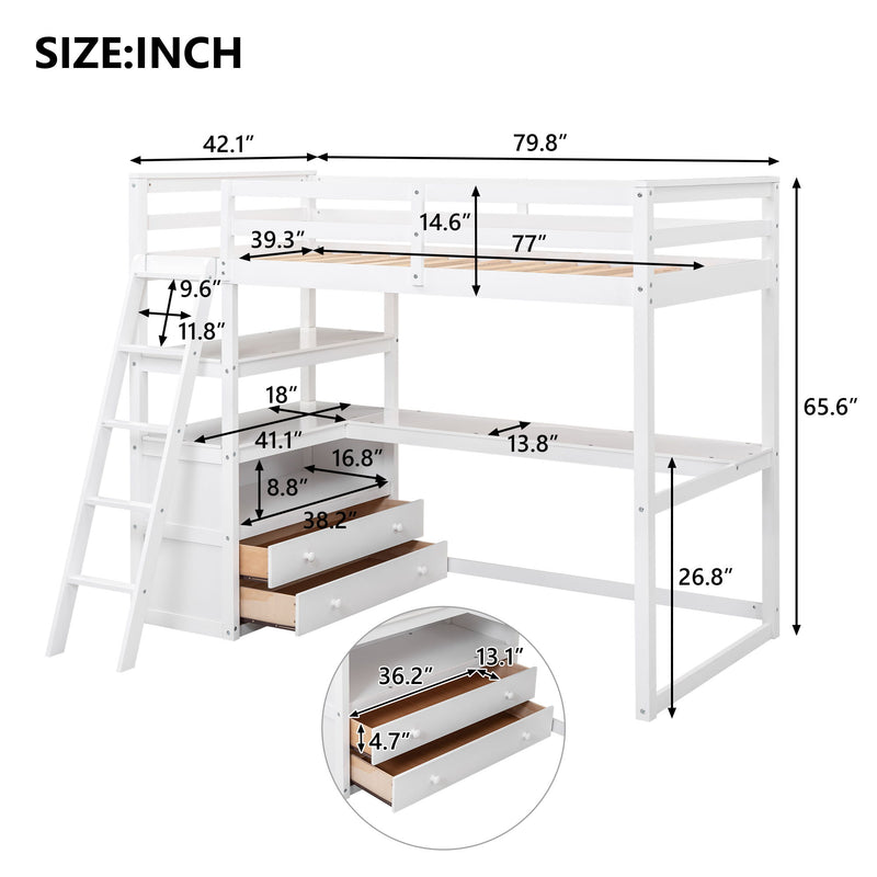 Twin Size Loft Bed With Desk And Shelves, Two Built - In Drawers, White