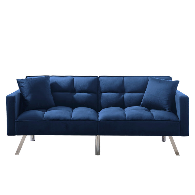 FUTON SOFA SLEEPER Navy Blue VELVET WITH 2 PILLOWS（same as W223S00357、W223S01465。Size difference, See Details in page.）