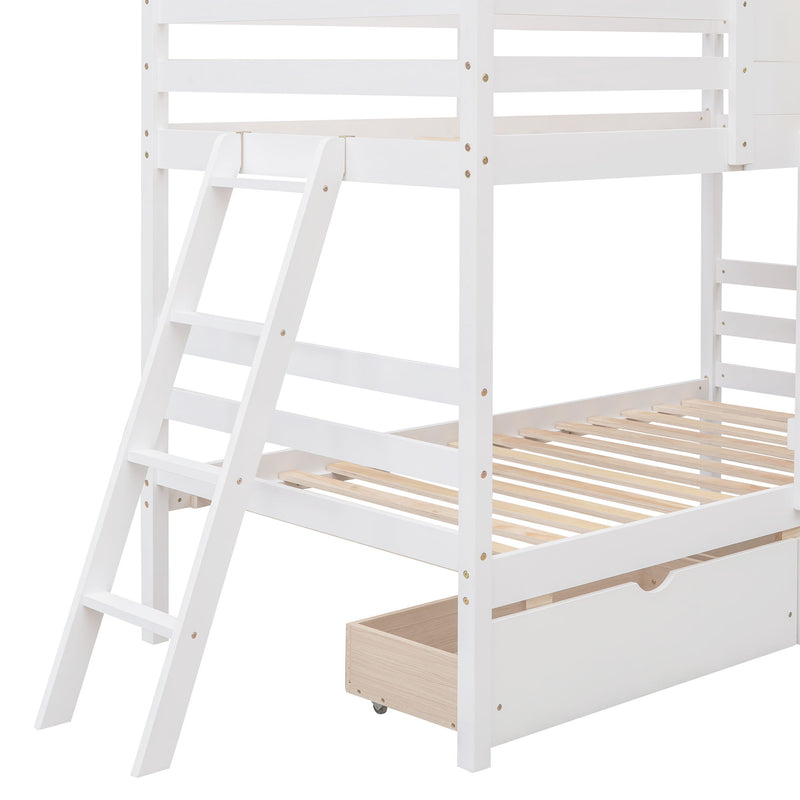 Twin Over Twin Bunk Bed With 2 Drawers, 1 Storage Box, 1 Shelf, Window And Roof - White