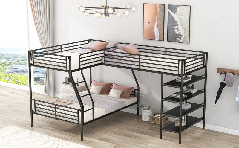 L-Shaped Metal Twin Over Full Bunk Bed And Twin Size Loft Bed With Four Built-In Shelves, Black
