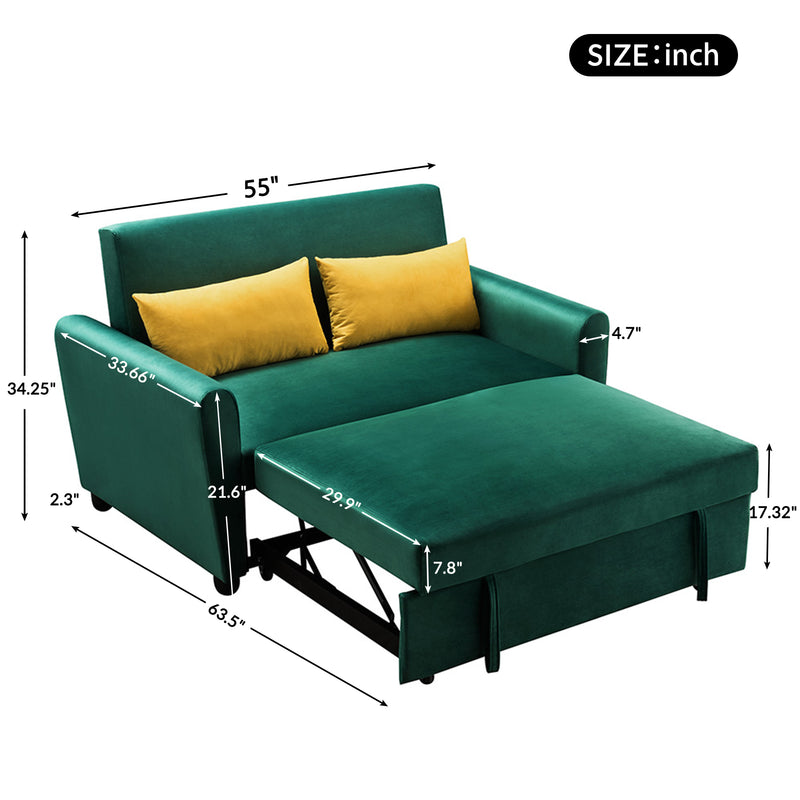 [VIDEO provided]55" Modern Velvet Sofa with Pull-Out Sleeper Bed with 2 Pillows Adjustable Backrest for Small Spaces Green