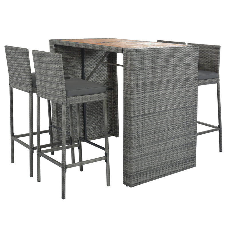 Go 5 Pieces Outdoor Patio Wicker Bar Set, Bar Height Chairs With Non Slip Feet And Fixed Rope, Removable Cushion, Acacia Wood Table Top, Brown Wood And Gray Wicker
