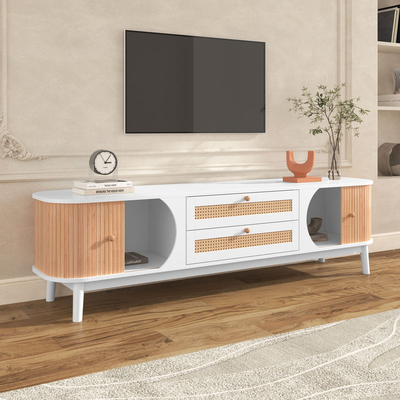 Rattan TV Stand For, Modern Farmhouse Media Console, Entertainment Center With Solid Wood Legs, TV Cabinet For Living Room, Home Theatre