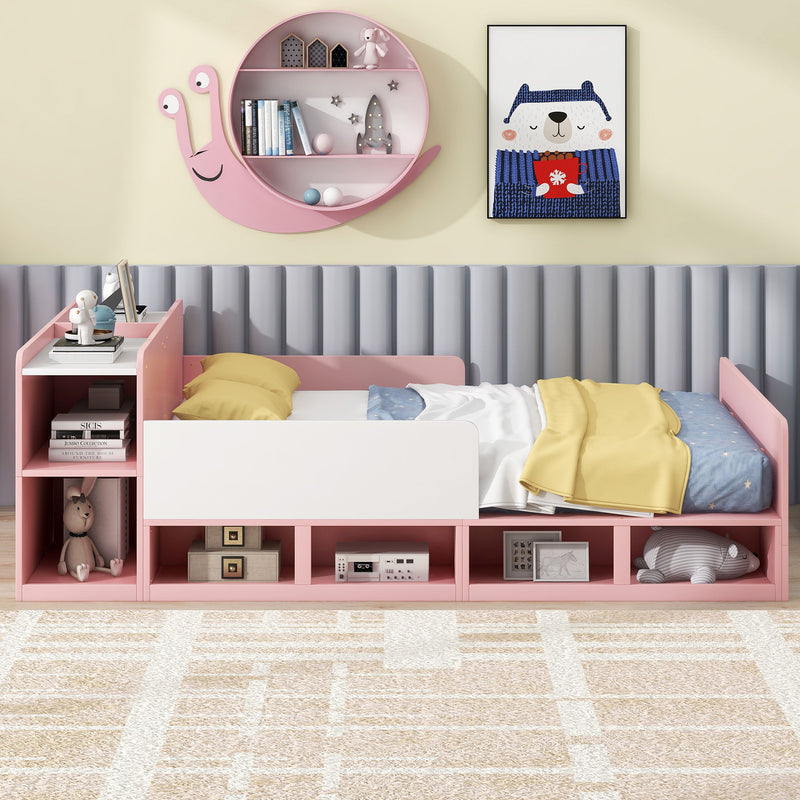 Wood Full Size Platform Bed With Storage Headboard, Guardrails And 4 Underneath Cabinets, Pink