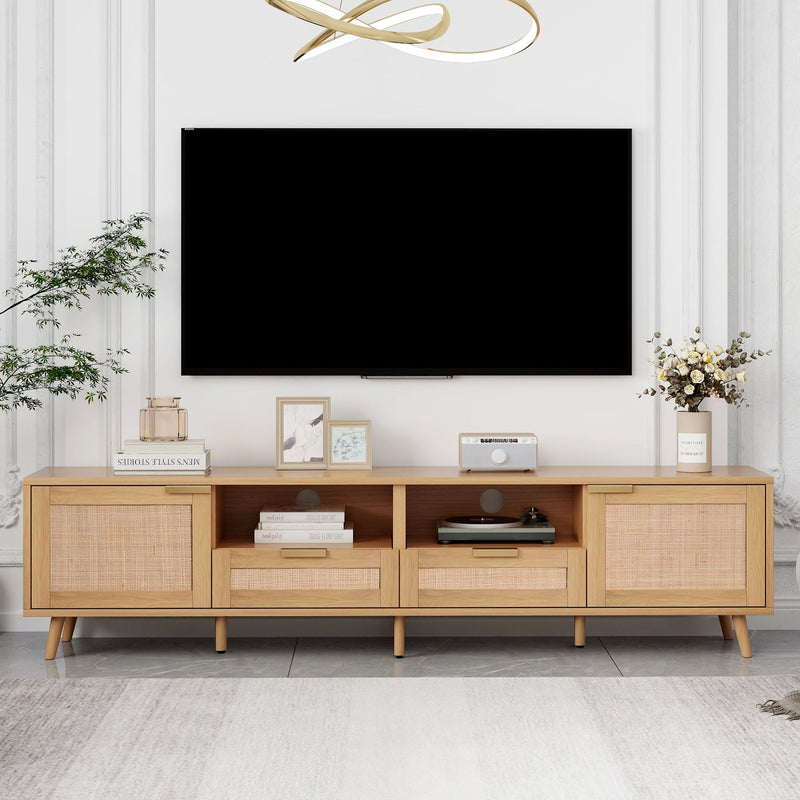 Rattan TV Stand For TVs Up To 85'', Modern Farmhouse Media Console, Entertainment Center With Solid Wood Legs, TV Cabinet For Living Room, Home Theatre