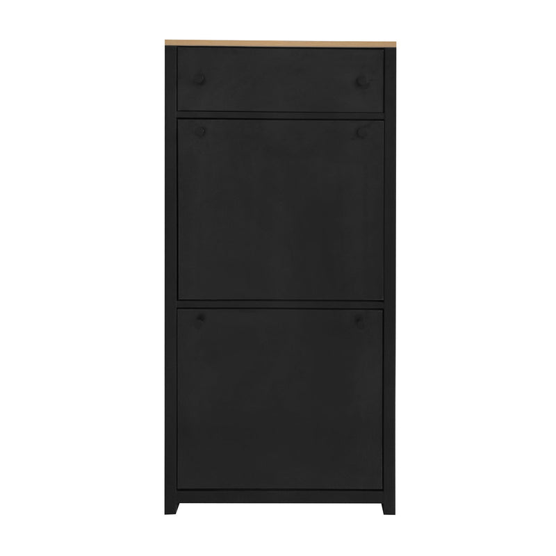 On-Trend Functional Entryway Organizer With 2 Flip Drawers, Wood Grain Pattern Top Shoe Cabinet With Drawer, Free Standing Shoe Rack With Adjustable Panel For Hallway, Black