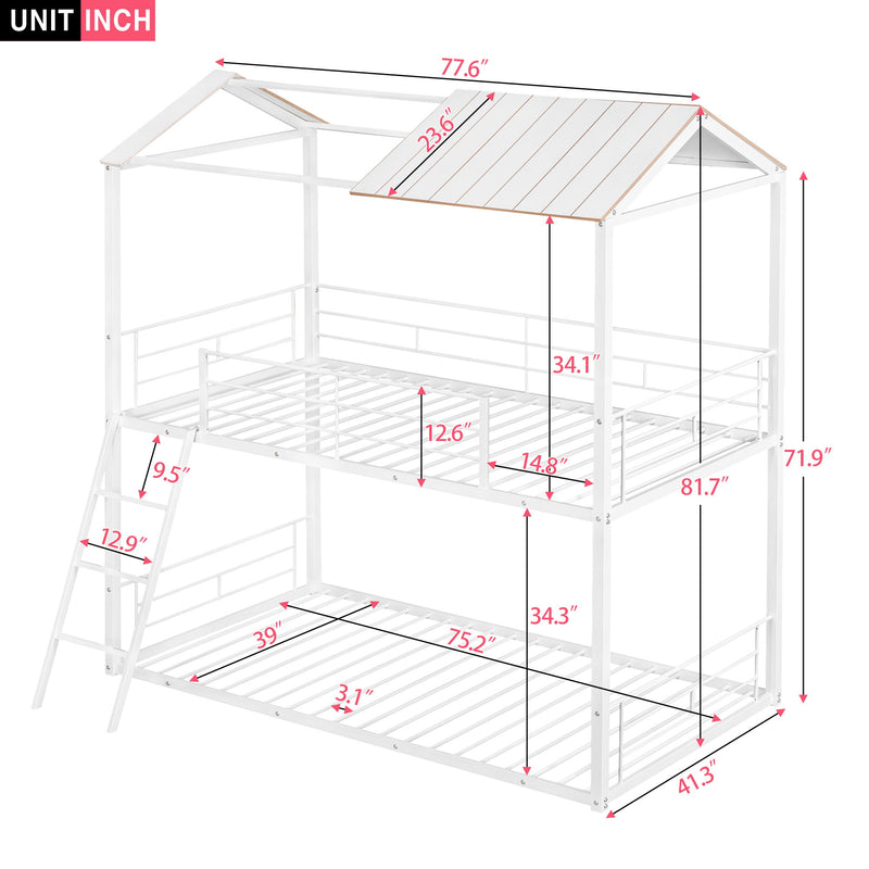Twin Over Twin Bunk Bed Metal Bed With Half Roof, Guardrail And Ladder White