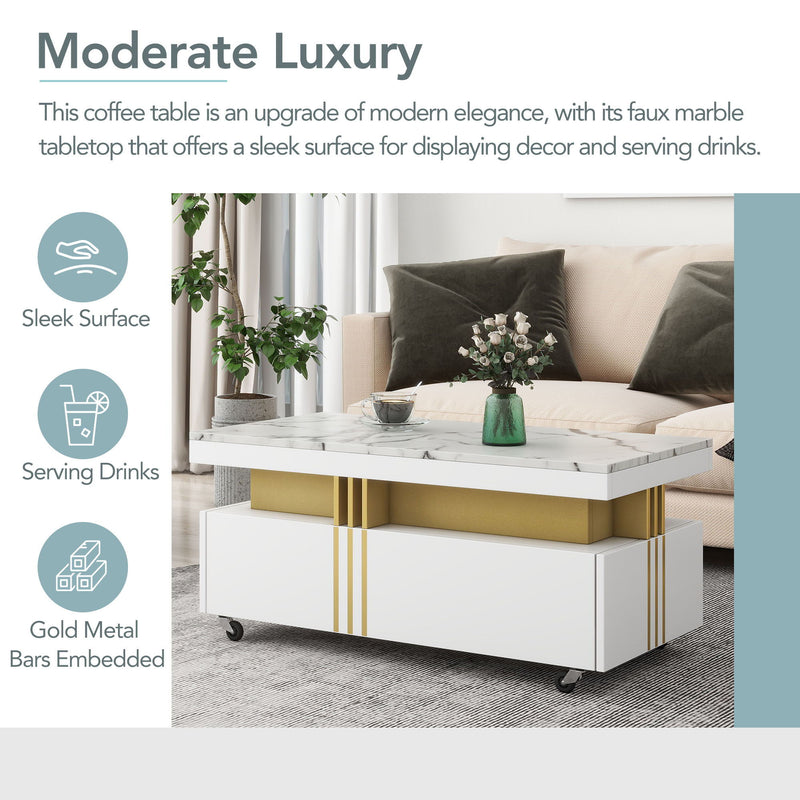 On-Trend Contemporary Coffee Table With Faux Marble Top , Rectangle Cocktail Table With Caster Wheels, Moderate Luxury Center Table With Gold Metal Bars For Living Room, White
