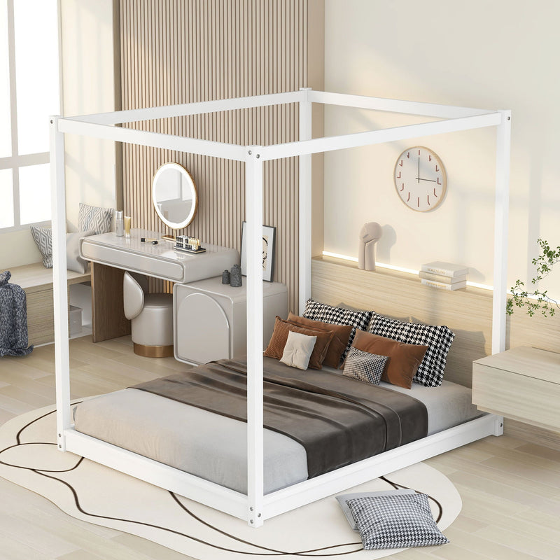 Queen Size Canopy Platform Bed With Support Legs, White