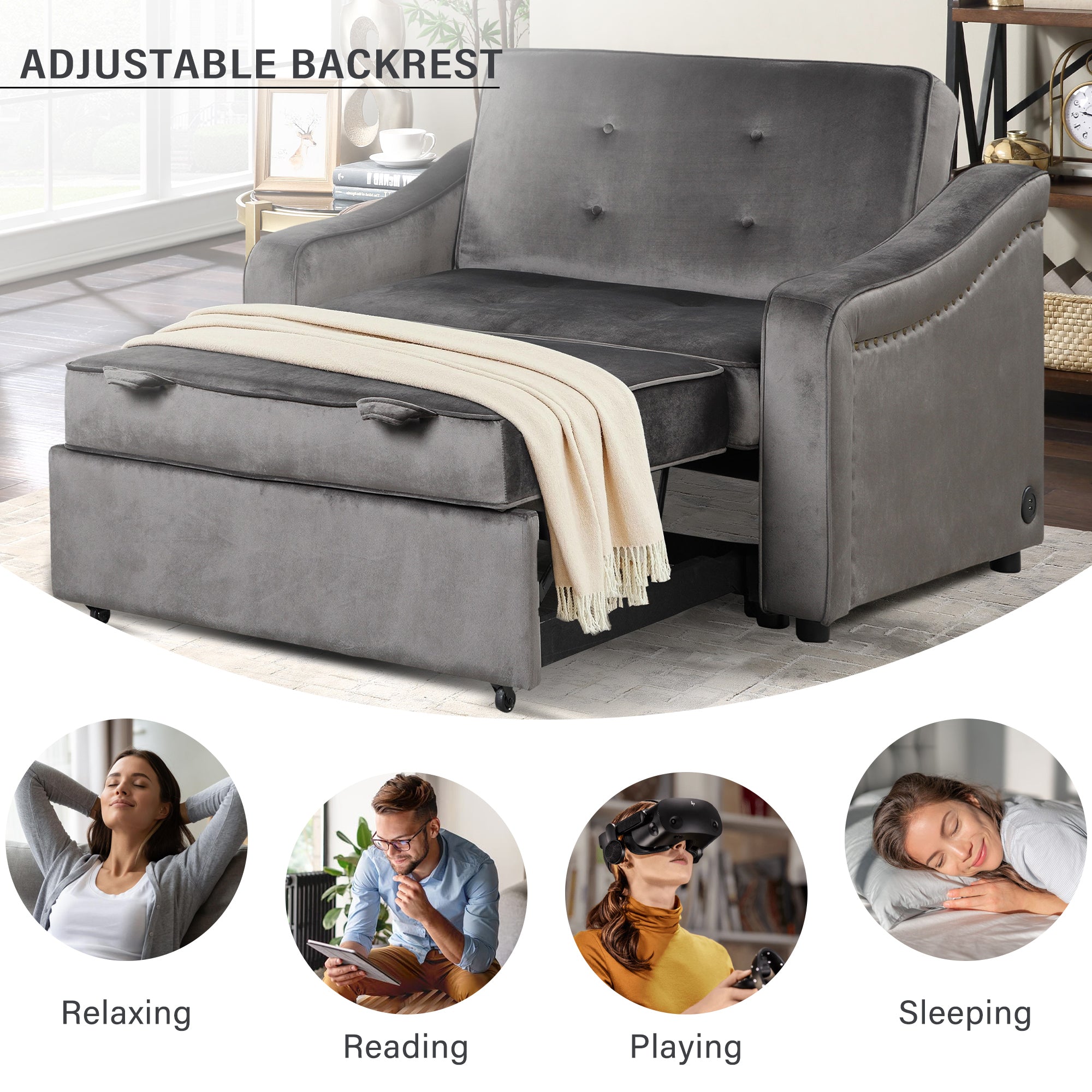 Orisfur. 50.6" Convertible Sleeper Bed, Adjustable Sofa Couch with Dual USB Ports for Living Room Space - Atlantic Fine Furniture Inc