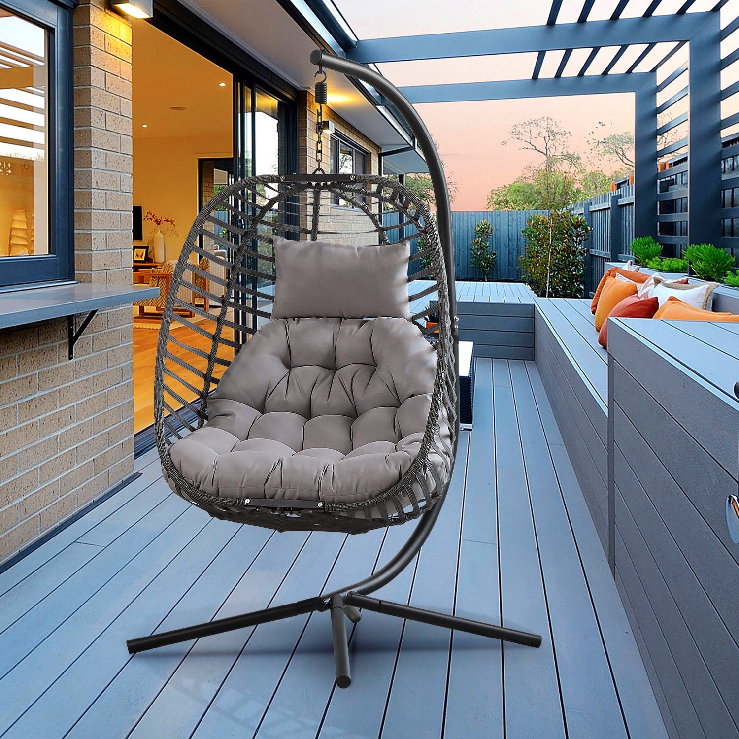 Rattan Weather Resistant Foldable Hanging Hammock Egg Chair with Stand for Patio - Atlantic Fine Furniture Inc