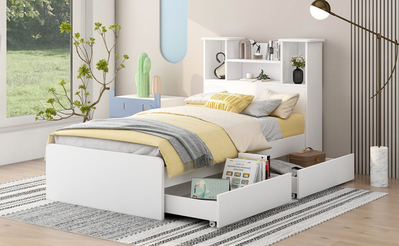 Twin Size Storage Platform Bed Frame With 4 Open Storage Shelves And 2 Storage Drawers, LED Light, White