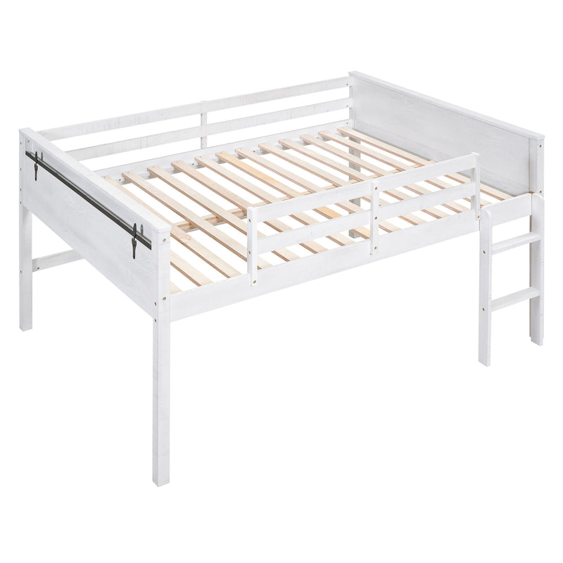 Wood Full Size Loft Bed With Hanging Clothes Racks, White