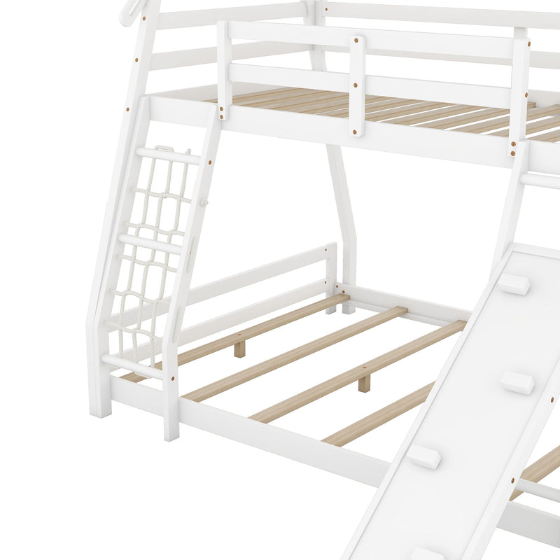 Twin Over Queen House Bunk Bed With Climbing Nets And Climbing Ramp, White