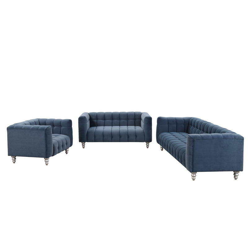 Modern 3 Piece Sofa Set With Solid Wood Legs, Buttoned Tufted Backrest, Dutch Fleece Upholstered Sofa Set Including Three-Seater Sofa, Double Seat And Living Room Furniture Set Single Chair, Blue