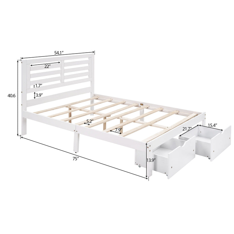 Full Size Platform Bed With Drawers, White