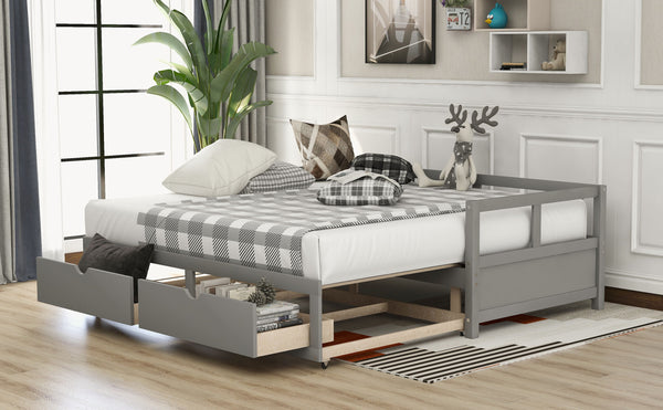 Wooden Daybed With Trundle Bed And Two Storage Drawers, Extendable Bed Daybed, Sofa Bed For Bedroom Living Room, Gray