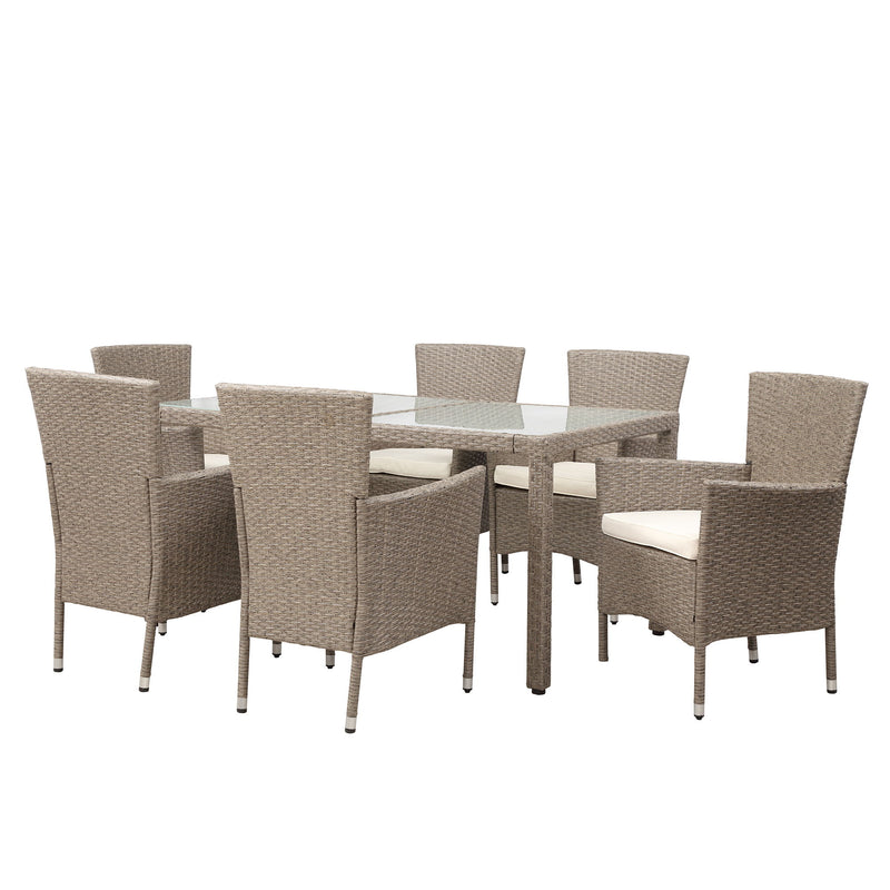 7 Piece Outdoor Wicker Dining Set - Patio Dinning Table Beige-Brown Wicker Furniture Seating (Beige Cushions)