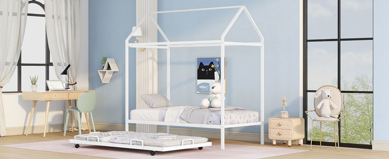 Twin Size Kids House Bed With Trundle, Metal House Bed White