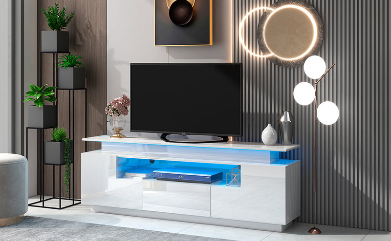ON-TREND Modern, Stylish Functional TV stand with Color Changing LED Lights, Universal Entertainment Center, High Gloss TV Cabinet for 75+ inch TV, White