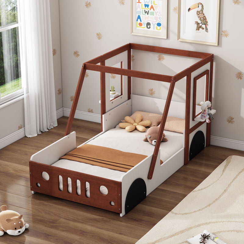 Fun Play Design Twin Size Car Bed, Kids Platform Bed In Car-Shaped For Kids Boys Girls Teens, White + Orange