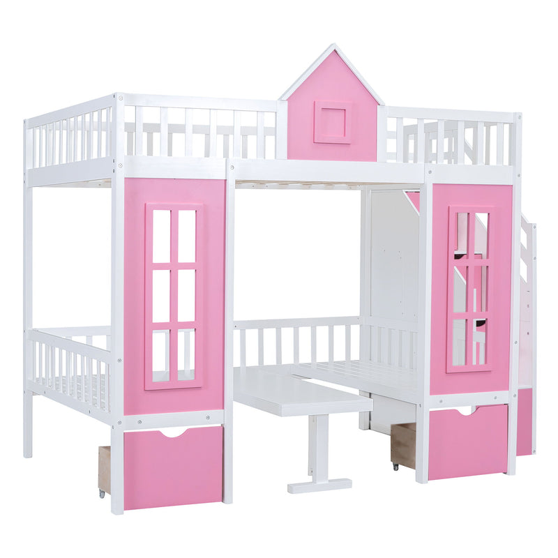 Full-Over-Full Bunk Bed With Changeable Table, Bunk Bed Turn Into Upper Bed And Down Desk - Pink / White