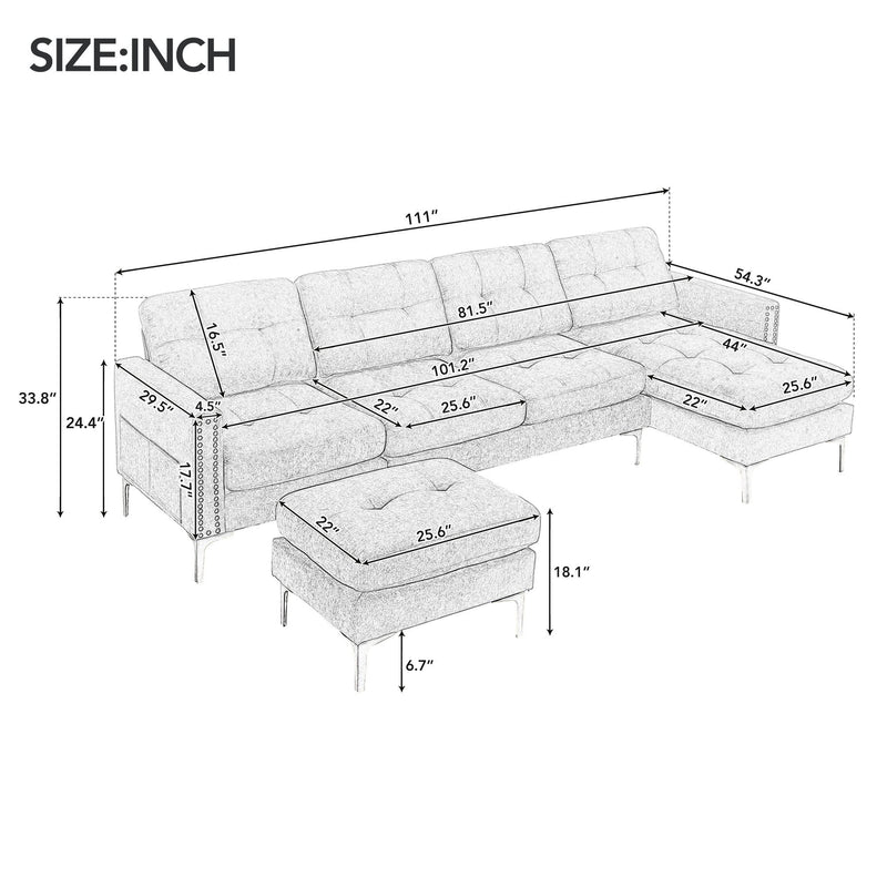 Shape Convertible Sectional Sofa Couch With Movable Ottoman For Living Room, Apartment, Office, Yellow
