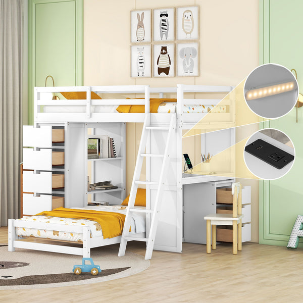 Twin Over Twin Bunk Bed With LED Light And USB Ports, White
