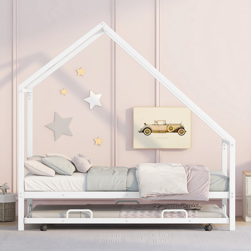 Metal House Bed With Trundle, Twin Size House Bed White