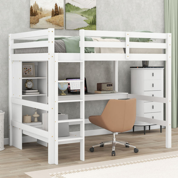 Full Size Loft Bed With Multifunction Shelves And Under - Bed Desk, White