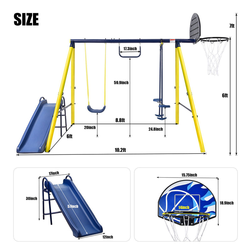 5 In 1 Outdoor Tolddler Swing Set For Backyard - Playground Swing Sets With Steel Frame - Swing N\' Silde Playset For Kids With Seesaw Swing - Basketball Hoop
