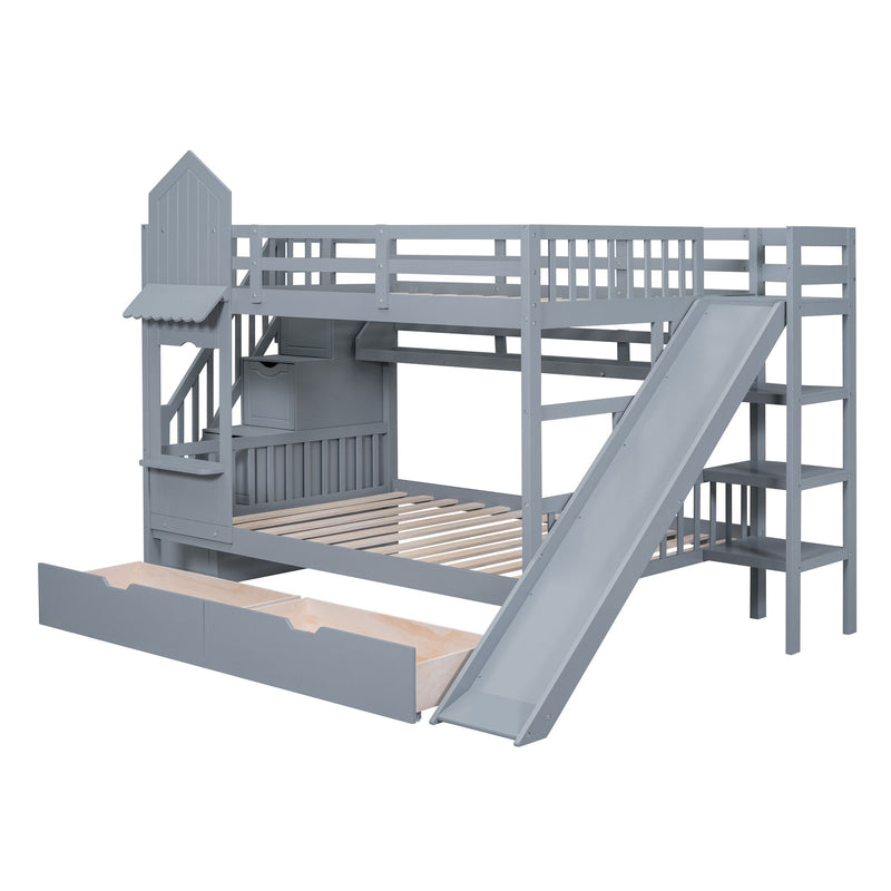 Full-Over-Full Castle Style Bunk Bed, With 2 Drawers 3 Shelves And Slide - Gray