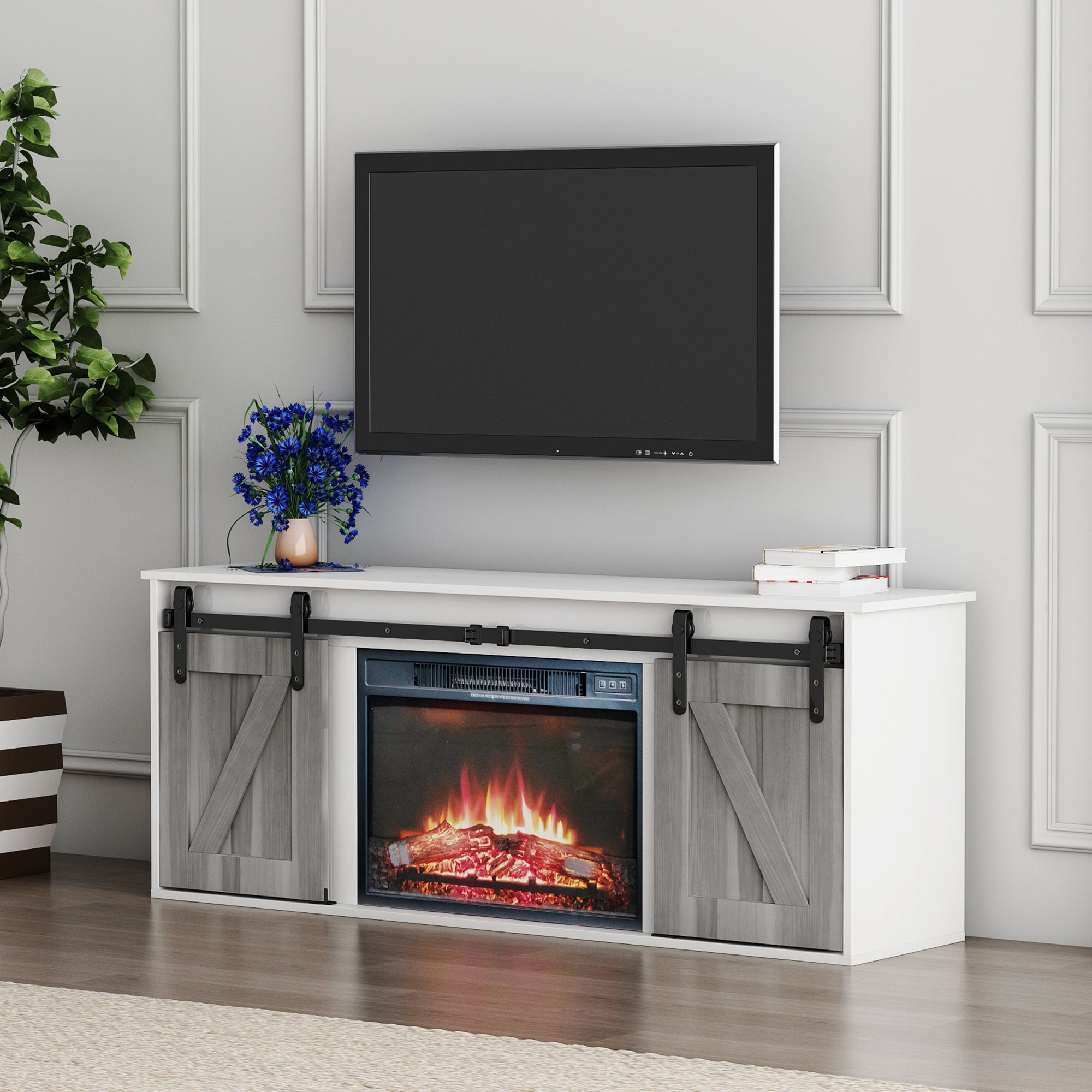 The television cabinet with an electronic fireplace，with Farmhouse Sliding Barn Door ,for TV up to +65 Inch Flat Screen Media Console Table Storage Cabinet Wood Entertainment Center Sturdy - Atlantic Fine Furniture Inc