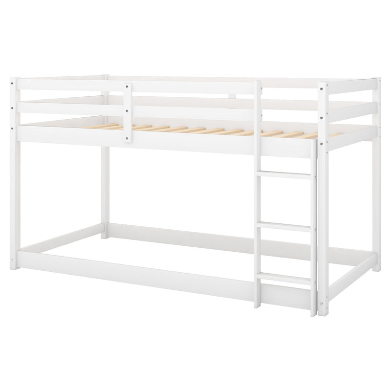 Twin Over Twin Floor Bunk Bed With Ladder, White