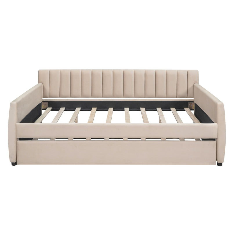 Full Size Upholstered Daybed With Trundle And Wood Slat Support, Beige