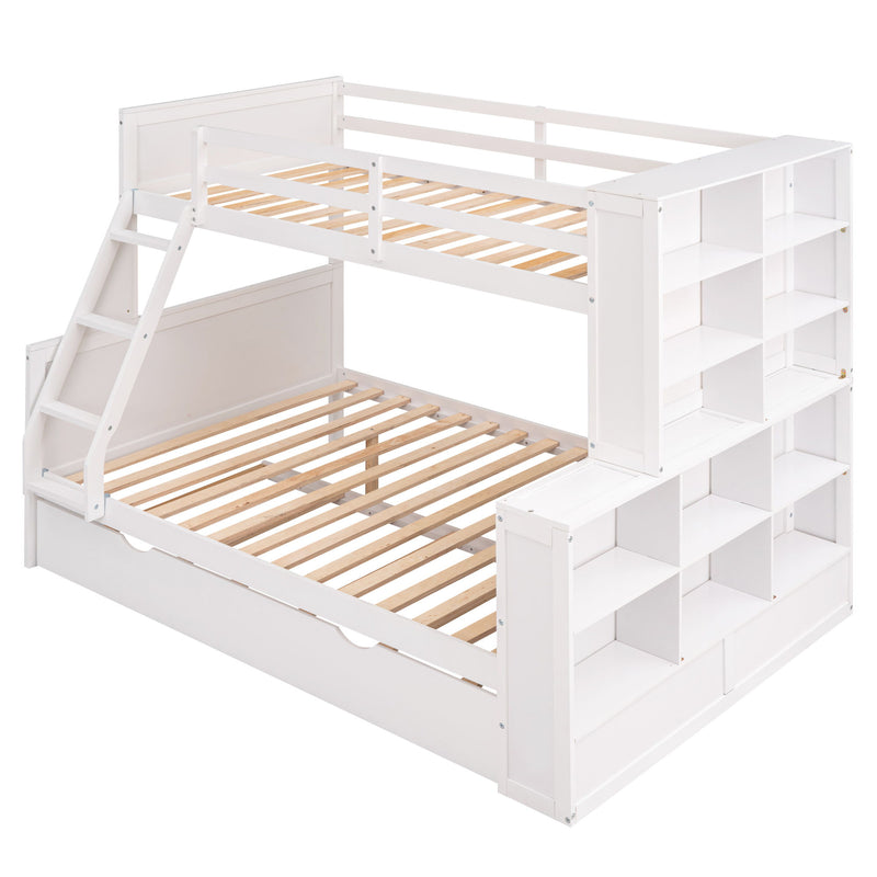 Twin Over Full Bunk Bed With Trundle And Shelves, Can Be Separated Into Three Separate Platform Beds, White