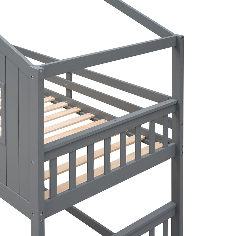 Twin Over Twin House Bunk Bed With Ladder, Wood Bed - Gray