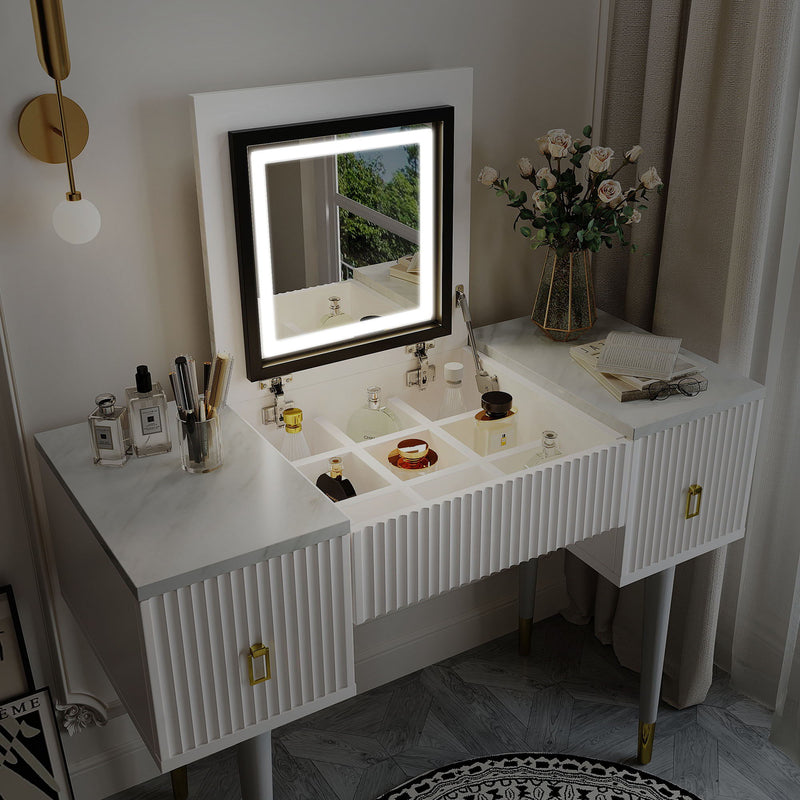 43.3" Modern Vanity Table Set With Flip-Top Mirror And Led Light, Dressing Table With Customizable Storage, Marble-Style Stickers TableTop , White And Gray