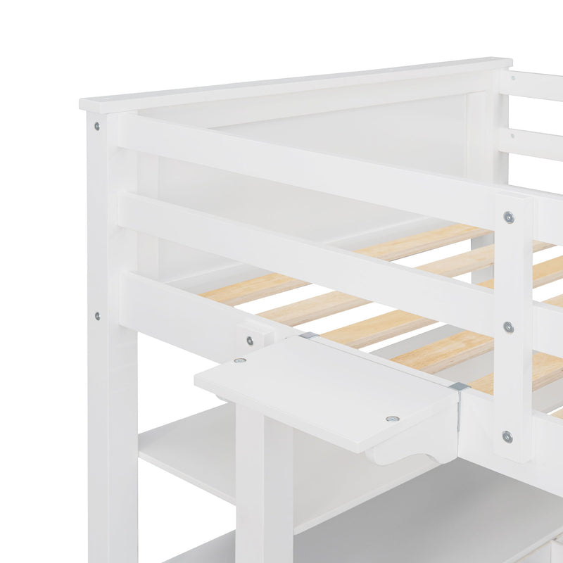 Twin Size Loft Bed With Drawers And Desk, Loft Bed With Shelves - White