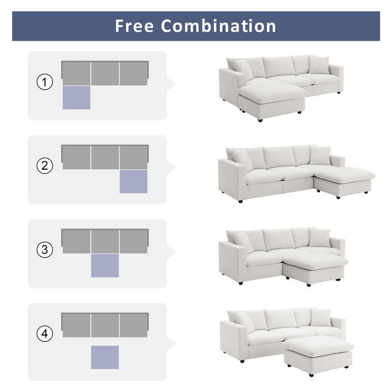 Modern Sectional Sofa, L-Shaped Couch Set With 2 Free Pillows, 4-Seat Polyester Fabric Couch Set With Convertible Ottoman For Living Room, Apartment, Office, 4 Colors