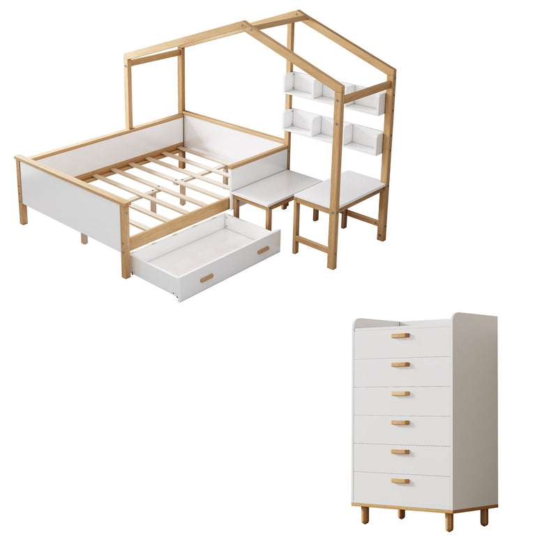 2 Pieces Bedroom Sets White Full Size Wooden House Bed With Desk And 6-Drawer Chest