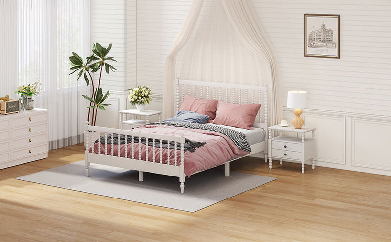 3 Pieces Bedroom Sets Queen Size Wood Platform Bed With Gourd Shaped Headboard And Footboard With 2 Nightstands, White