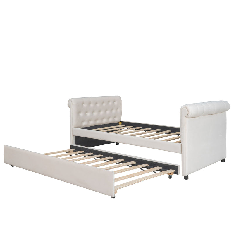 Twin Size Upholstered Daybed With Trundle, Wood Slat Support, Beige