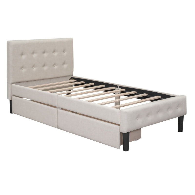 Twin Size Upholstered Platform Bed With 2 Drawers, Beige