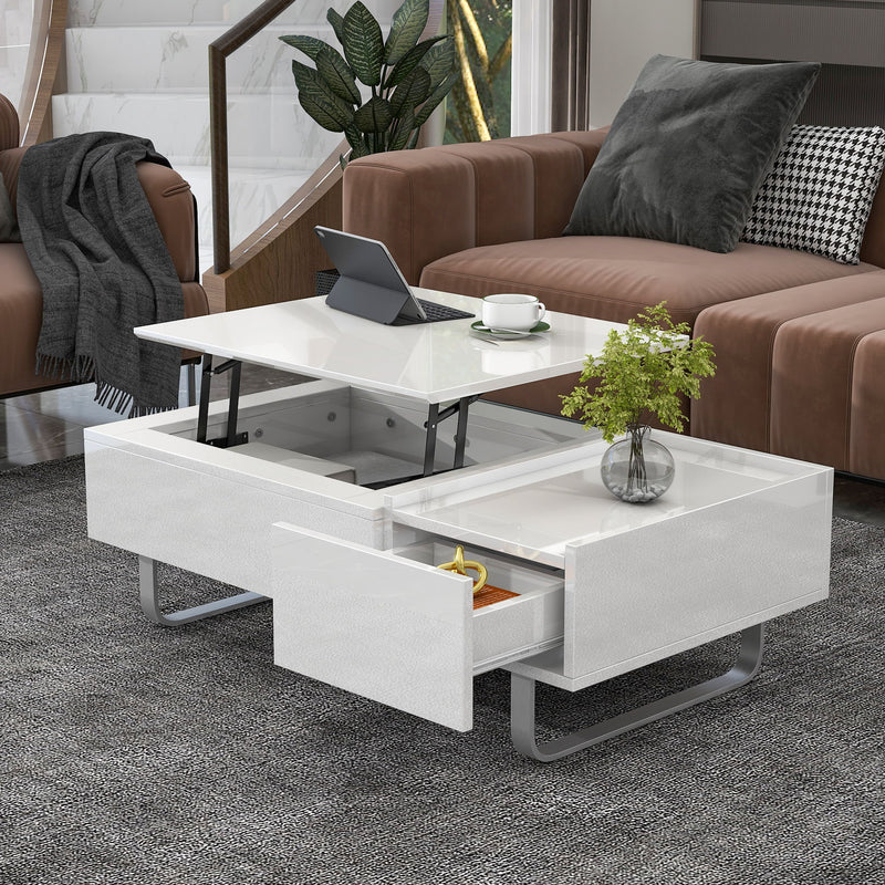On-Trend Multi-Functional Coffee Table With Lifted TableTop , Contemporary Cocktail Table With Metal Frame Legs, High-Gloss Surface Dining Table For Living Room, White