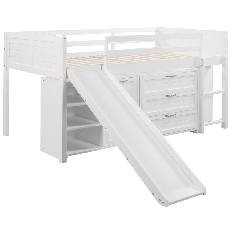 Low Twin Size Loft Bed With Cabinets, Shelves And Slide White