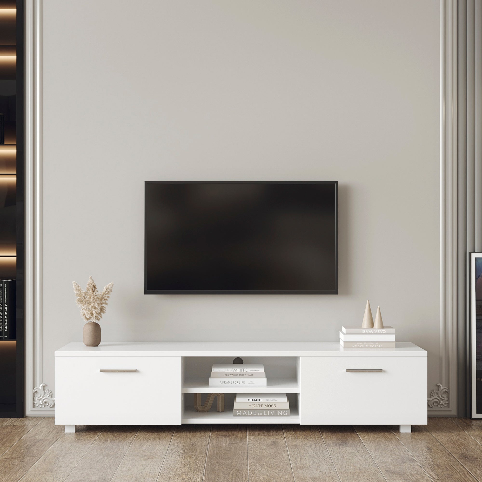 White TV Stand for 70 Inch TV Stands, Media Console Entertainment Center Television Table, 2 Storage Cabinet with Open Shelves for Living Room Bedroom - Atlantic Fine Furniture Inc