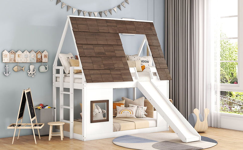 Wood Twin Size House Bunk Bed With Roof, Ladder And Slide, White / Brown