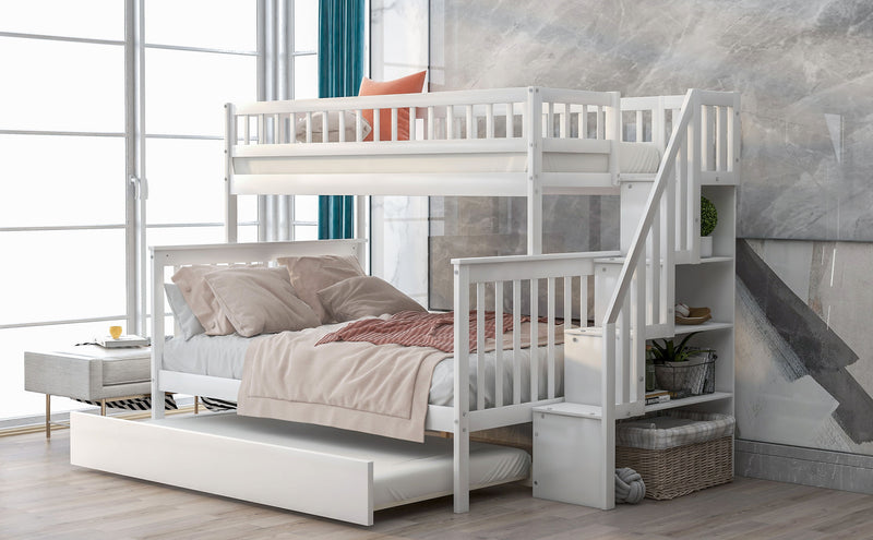Twin Over Full Bunk Bed With Trundle And Staircase, White
