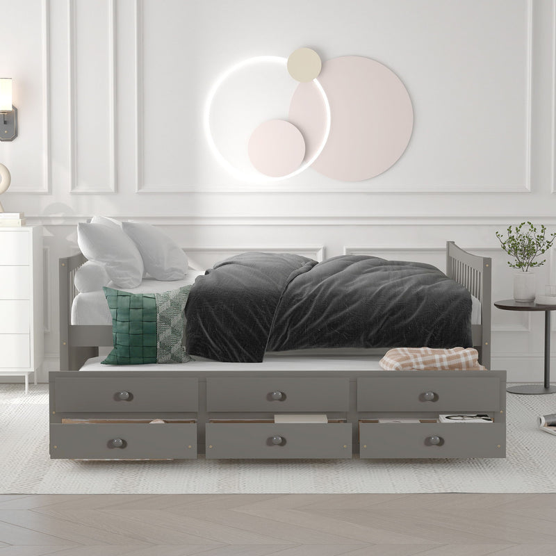 Full Size Daybed With Twin Size Trundle And Drawers, Full Size, Gray
